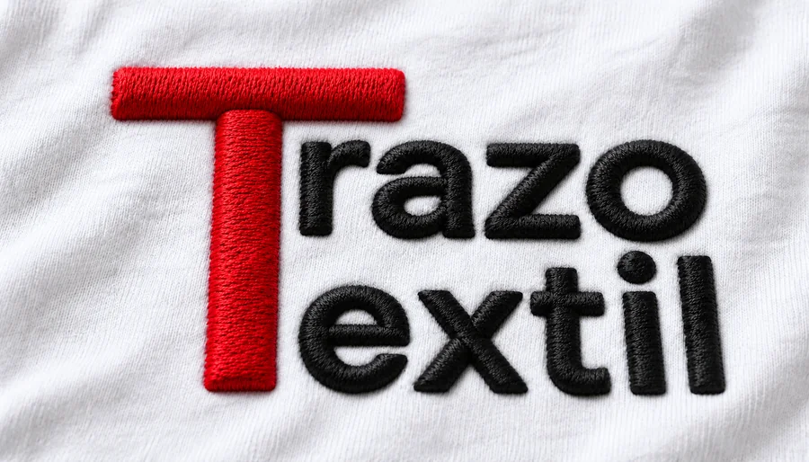El logotipo de Trazo Textil en bordado 3D con relieve sobre tela blanca