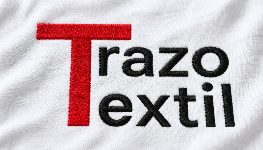 El logotipo de Trazo Textil bordado en hilo sobre tela de algodón blanca