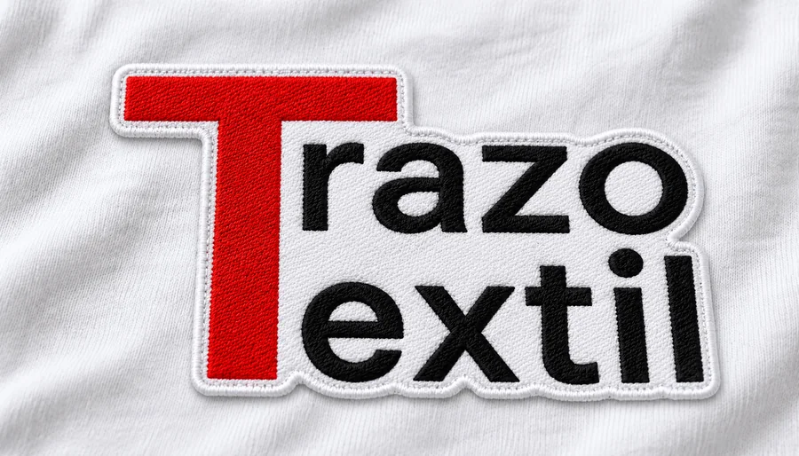 Parche microbordado del logotipo de Trazo Textil, cortado siguiendo el contorno de las letras