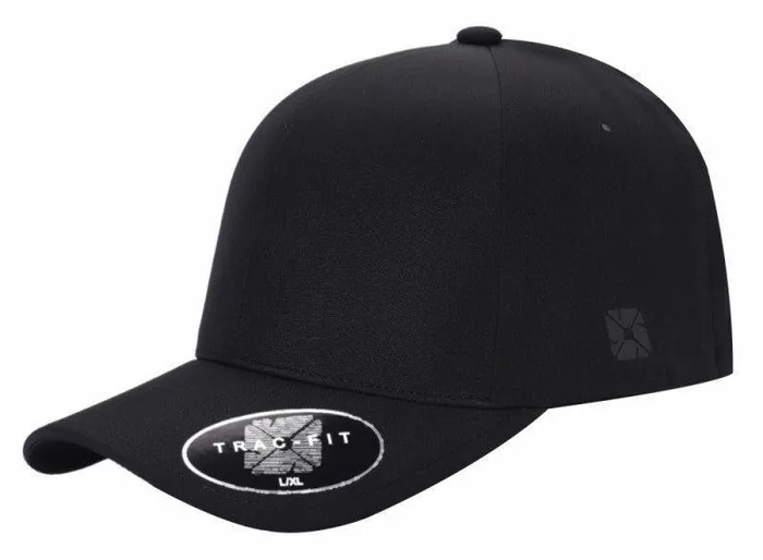 Gorra negra cerrada, sin ajuste trasero, de seis paneles